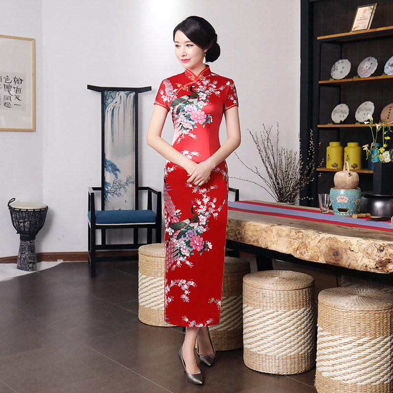 Robe Qipao Chinoise Sans Manches - Longue, Fendue, Motif Rouge Et Noir, Pour Fête, Cosplay, Danse